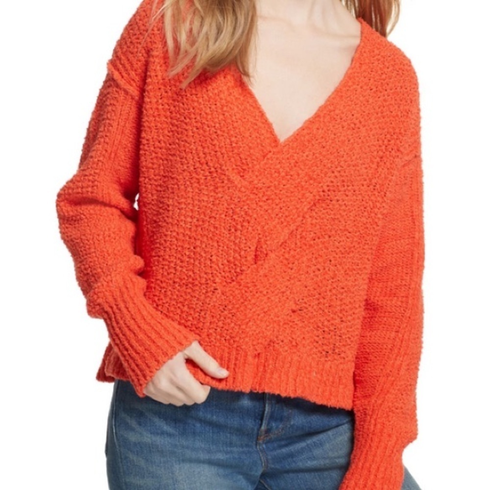 Free People Coco V-Neck Knit Sweater Orange Small